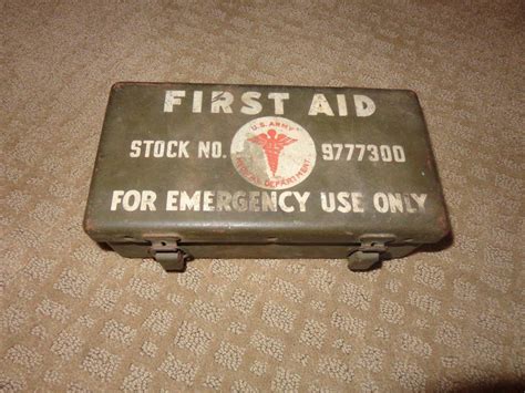 vintage military metal first aid box|government regulation first aid kit.